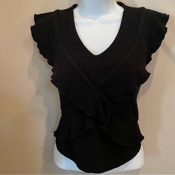 Black ruffle sleeves v neck  top - Picture 2 of 6